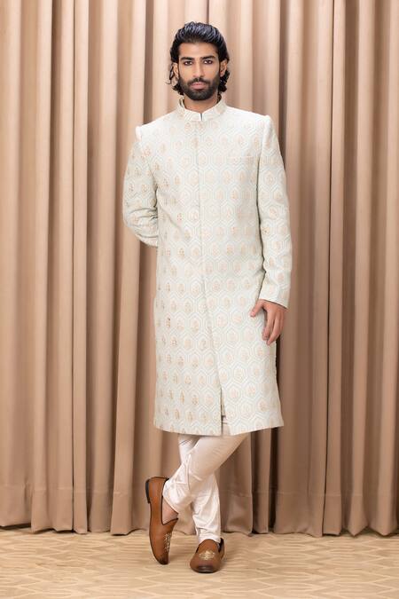Ankit V Kapoor_Green Silk, Cotton Embroidery Fahad Honeycomb Pattern Sherwani Set_Online_at_Aza_Fashions