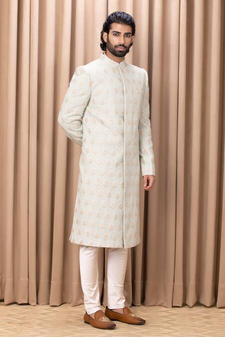 Buy Ankit V Kapoor Green Silk, Cotton Embroidery Fahad Leaf Sherwani Set Online at Aza Fashions Buy_Ankit V Kapoor_Green Silk, Cotton Embroidery Fahad Leaf Sherwani Set_Online_at_Aza_Fashions