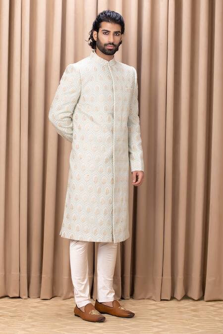 Buy_Ankit V Kapoor_Green Silk, Cotton Embroidery Fahad Honeycomb Pattern Sherwani Set_Online_at_Aza_Fashions