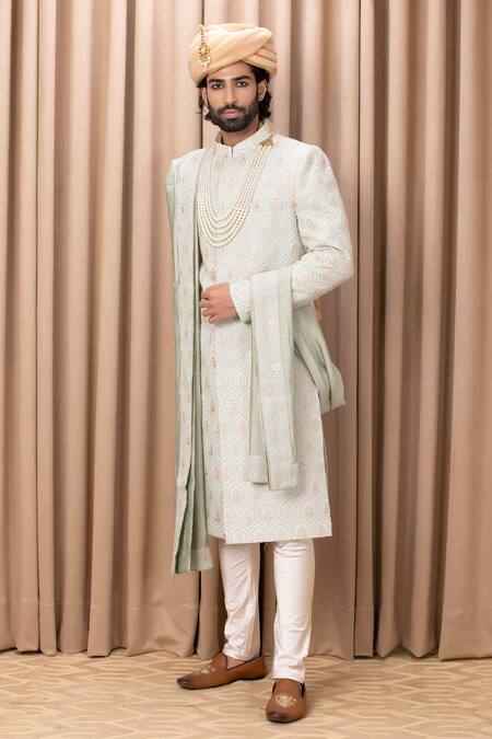 Shop_Ankit V Kapoor_Green Silk, Cotton Embroidery Fahad Honeycomb Pattern Sherwani Set_Online_at_Aza_Fashions