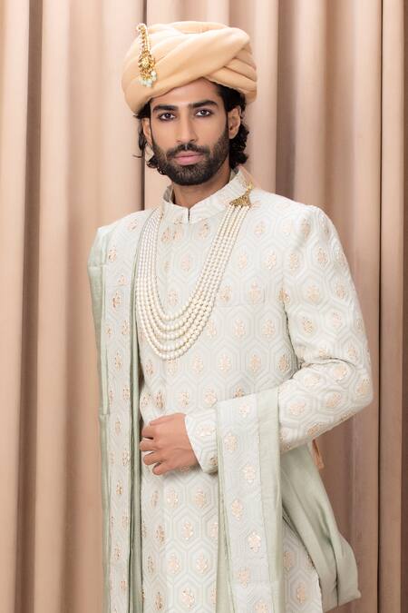 Ankit V Kapoor_Green Silk, Cotton Embroidery Fahad Honeycomb Pattern Sherwani Set_at_Aza_Fashions