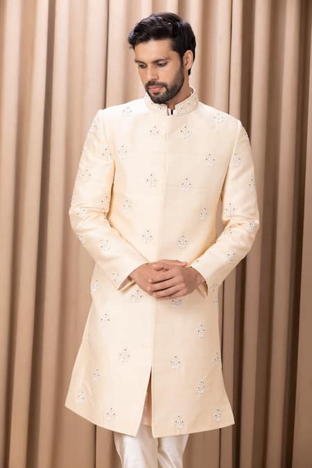 Buy Ankit V Kapoor Peach Silk, Cotton Embroidery Zain Floral Sherwani Set Online at Aza Fashions Buy_Ankit V Kapoor_Peach Silk, Cotton Embroidery Zain Floral Sherwani Set _Online_at_Aza_Fashions