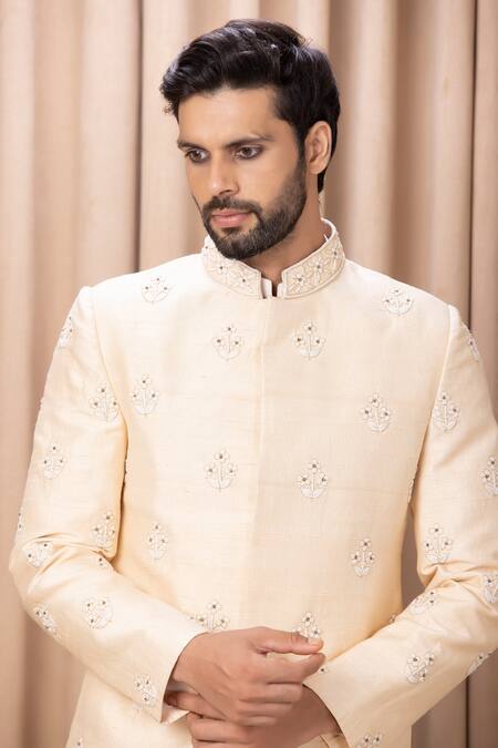 Shop Ankit V Kapoor Peach Silk, Cotton Embroidery Zain Floral Sherwani Set Online at Aza Fashions Shop_Ankit V Kapoor_Peach Silk, Cotton Embroidery Zain Floral Sherwani Set _Online_at_Aza_Fashions