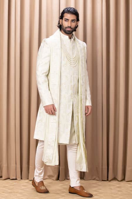 Ankit V Kapoor_Green Silk, Cotton Embroidery Zahid Paisley Sherwani Set _Online_at_Aza_Fashions
