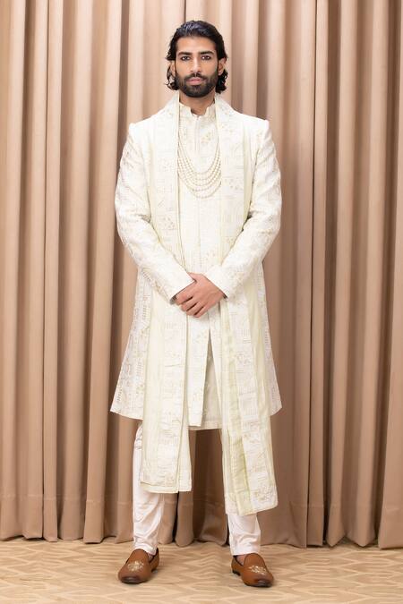 Ankit V Kapoor_Green Silk, Cotton Embroidery Zahid Sequin Sherwani Set _Online_at_Aza_Fashions