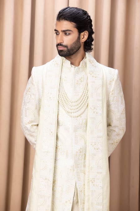 Buy_Ankit V Kapoor_Green Silk, Cotton Embroidery Zahid Sequin Sherwani Set _Online_at_Aza_Fashions