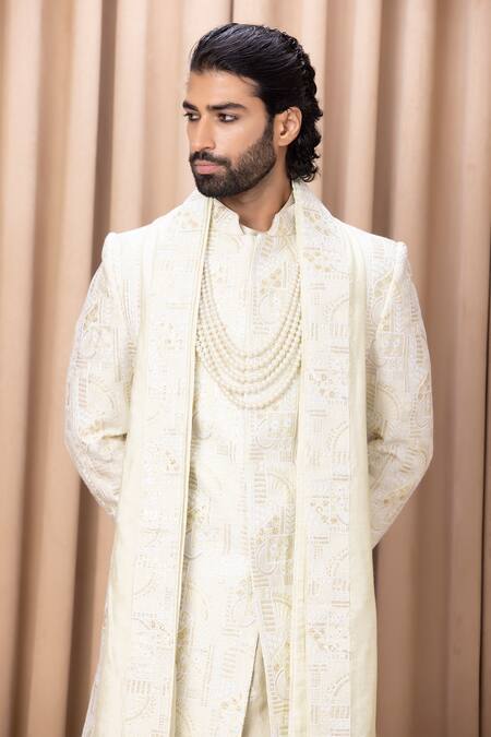 Buy_Ankit V Kapoor_Green Silk, Cotton Embroidery Zahid Paisley Sherwani Set _Online_at_Aza_Fashions