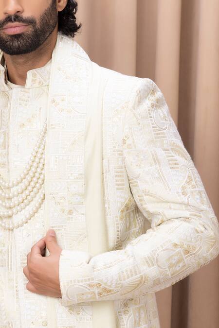 Shop_Ankit V Kapoor_Green Silk, Cotton Embroidery Zahid Sequin Sherwani Set _Online_at_Aza_Fashions