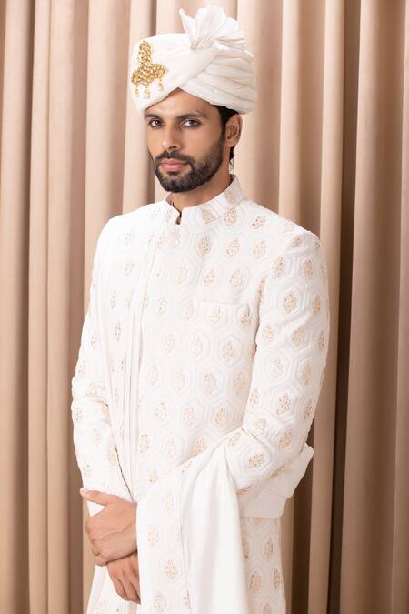 Ankit V Kapoor_Ivory Silk, Cotton Embroidery Fahad Sherwani Set With Stole_Online_at_Aza_Fashions