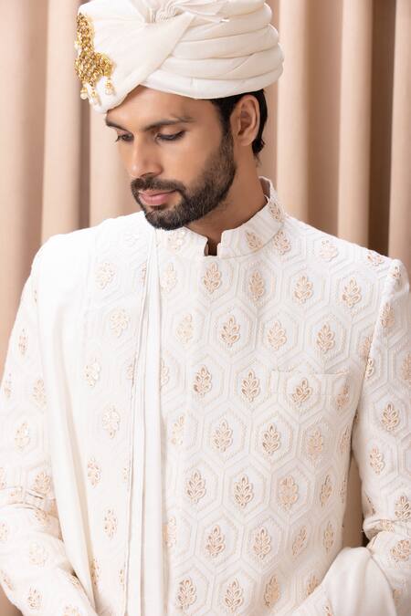 Buy_Ankit V Kapoor_Ivory Silk, Cotton Embroidery Fahad Sherwani Set With Stole_Online_at_Aza_Fashions