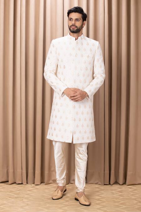Shop_Ankit V Kapoor_Ivory Silk, Cotton Embroidery Fahad Sherwani Set With Stole_Online_at_Aza_Fashions