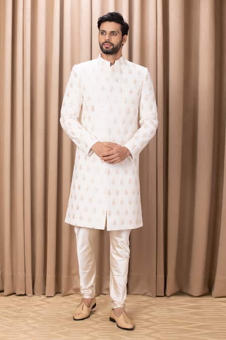 Buy_Ankit V Kapoor_Ivory Silk, Cotton Embroidery Fahad Leaves Sherwani Set_Online_at_Aza_Fashions