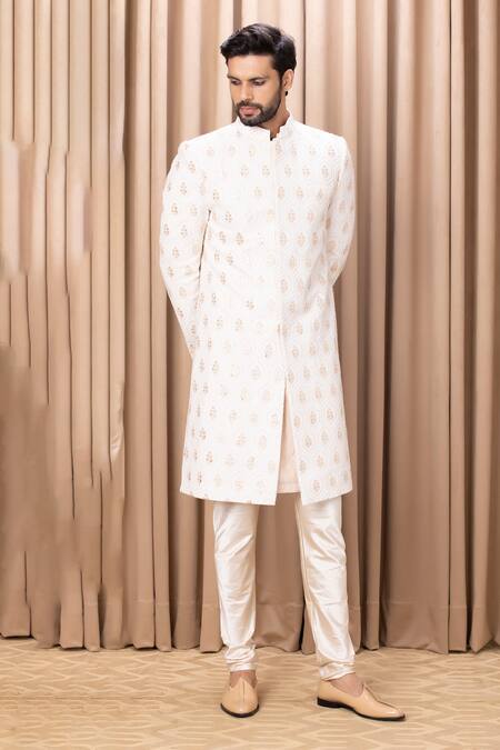 Ankit V Kapoor_Ivory Silk, Cotton Embroidery Fahad Sherwani Set With Stole_at_Aza_Fashions