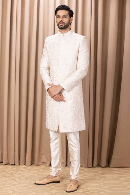 Ankit V Kapoor_Gold Silk, Cotton Sequins, Embroidery Zahid Sherwani Set _Online_at_Aza_Fashions