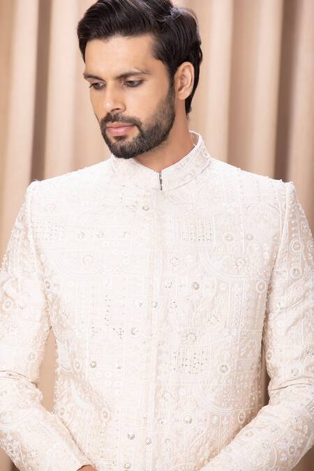 Buy_Ankit V Kapoor_Gold Silk, Cotton Sequins, Embroidery Zahid Sherwani Set _Online_at_Aza_Fashions