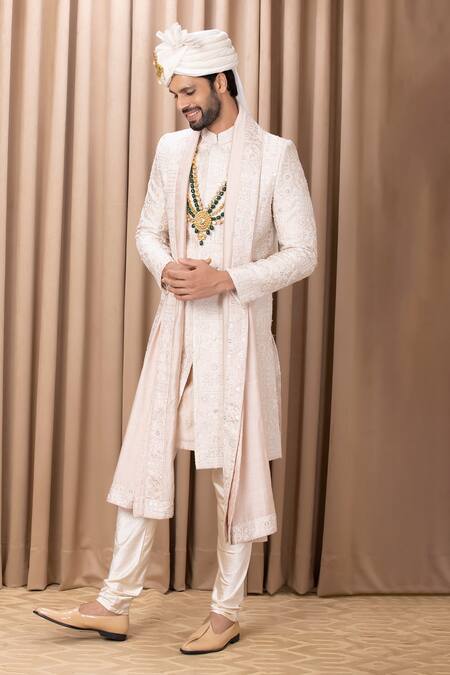 Shop_Ankit V Kapoor_Gold Silk, Cotton Sequins, Embroidery Zahid Sherwani Set _Online_at_Aza_Fashions