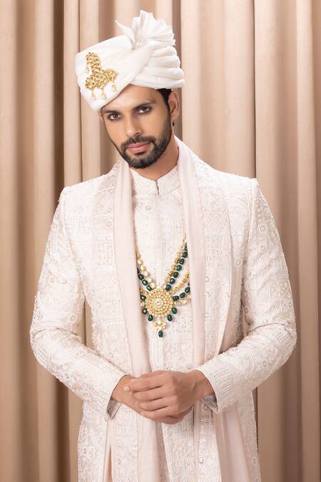 Ankit V Kapoor_Gold Silk, Cotton Sequins, Embroidery Zahid Sherwani Set _at_Aza_Fashions
