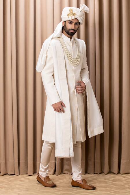 Ankit V Kapoor_Ivory Silk, Cotton Embroidery Faizan Anchor Sherwani Set _Online_at_Aza_Fashions