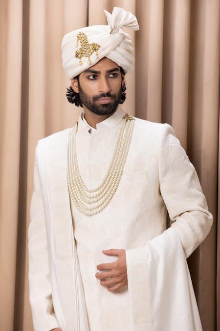 Shop Ankit V Kapoor Ivory Silk, Cotton Embroidery Faizan Paisley Sherwani Set Online at Aza Fashions Shop_Ankit V Kapoor_Ivory Silk, Cotton Embroidery Faizan Paisley Sherwani Set _Online_at_Aza_Fashions