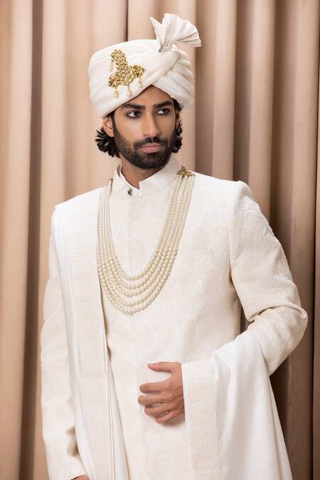 Shop_Ankit V Kapoor_Ivory Silk, Cotton Embroidery Faizan Anchor Sherwani Set _Online_at_Aza_Fashions