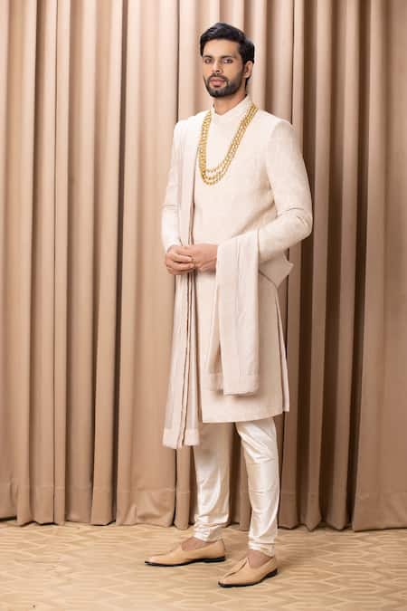 Ankit V Kapoor_Beige Silk, Cotton Embroidery Faizan Sherwani Set _Online_at_Aza_Fashions