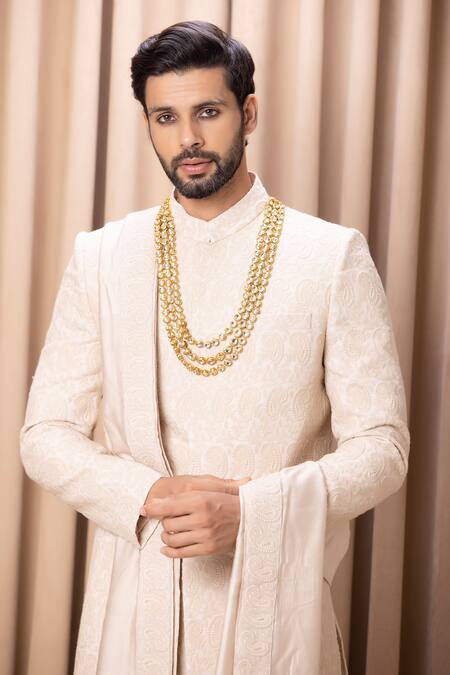 Buy_Ankit V Kapoor_Beige Silk, Cotton Embroidery Faizan Sherwani Set With Stole _Online_at_Aza_Fashions