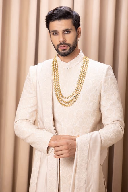 Buy_Ankit V Kapoor_Beige Silk, Cotton Embroidery Faizan Sherwani Set _Online_at_Aza_Fashions