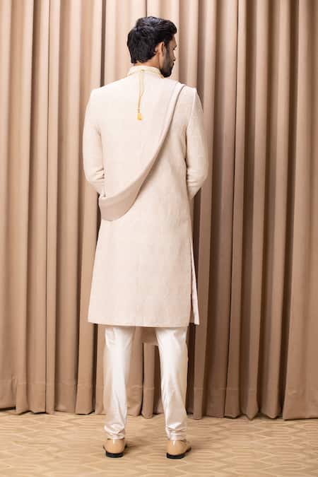 Shop_Ankit V Kapoor_Beige Silk, Cotton Embroidery Faizan Sherwani Set _Online_at_Aza_Fashions