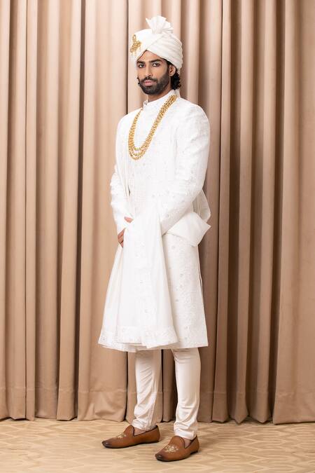 Ankit V Kapoor_Ivory Silk, Cotton Embroidery Hasan Sherwani Set With Stole _Online_at_Aza_Fashions