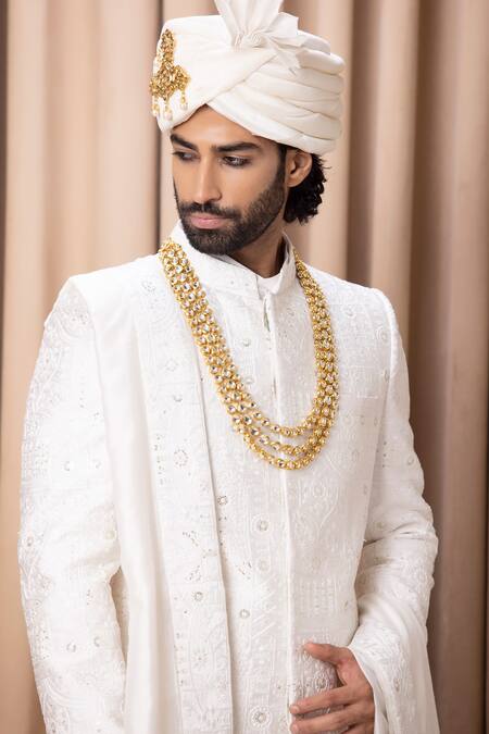 Buy_Ankit V Kapoor_Ivory Silk, Cotton Embroidery Hasan Thread Sherwani Set _Online_at_Aza_Fashions