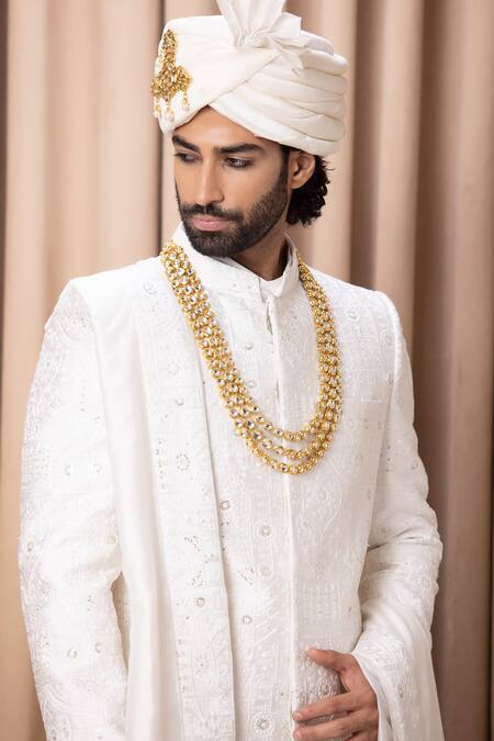 Buy_Ankit V Kapoor_Ivory Silk, Cotton Embroidery Hasan Sherwani Set With Stole _Online_at_Aza_Fashions