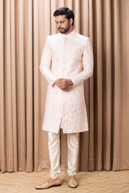Ankit V Kapoor_Pink Silk, Cotton Embroidery Ameera Sequin Sherwani Set _Online_at_Aza_Fashions