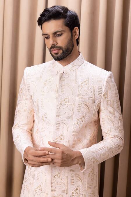 Buy_Ankit V Kapoor_Pink Silk, Cotton Embroidery Ameera Sequin Sherwani Set _Online_at_Aza_Fashions