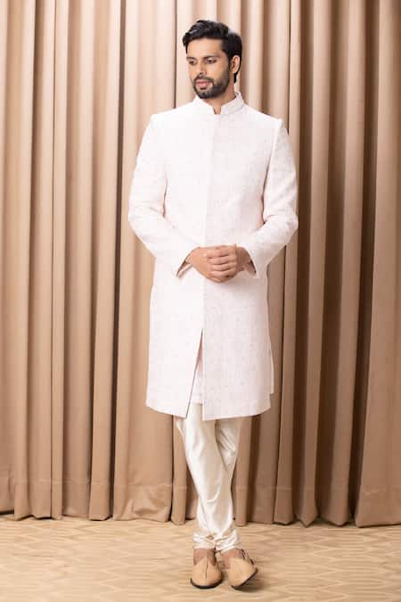 Shop_Ankit V Kapoor_Pink Silk, Cotton Embroidery Ameera Sequin Sherwani Set _Online_at_Aza_Fashions