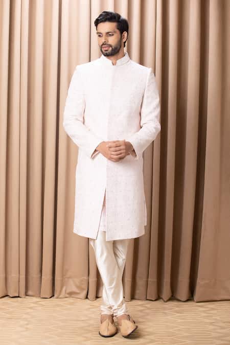 Ankit V Kapoor_Pink Silk, Cotton Embroidery Ameera Sherwani Set With Stole _Online_at_Aza_Fashions
