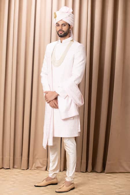 Shop_Ankit V Kapoor_Pink Silk, Cotton Embroidery Ameera Sherwani Set With Stole _Online_at_Aza_Fashions