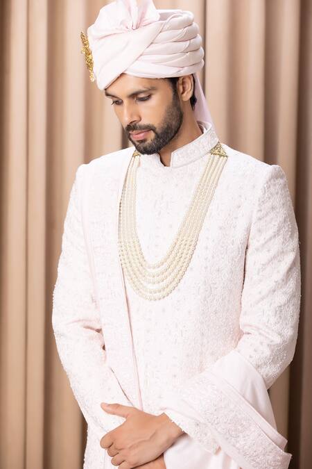 Ankit V Kapoor_Pink Silk, Cotton Embroidery Ameera Sherwani Set With Stole _at_Aza_Fashions