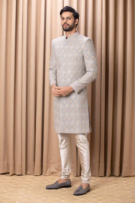 Ankit V Kapoor Grey Silk, Cotton Sequins, Cut Work, Embroidery Shah Diamond Sherwani Set Online at Aza Fashions Ankit V Kapoor_Grey Silk, Cotton Sequins, Cut Work, Embroidery Shah Diamond Sherwani Set _Online_at_Aza_Fashions