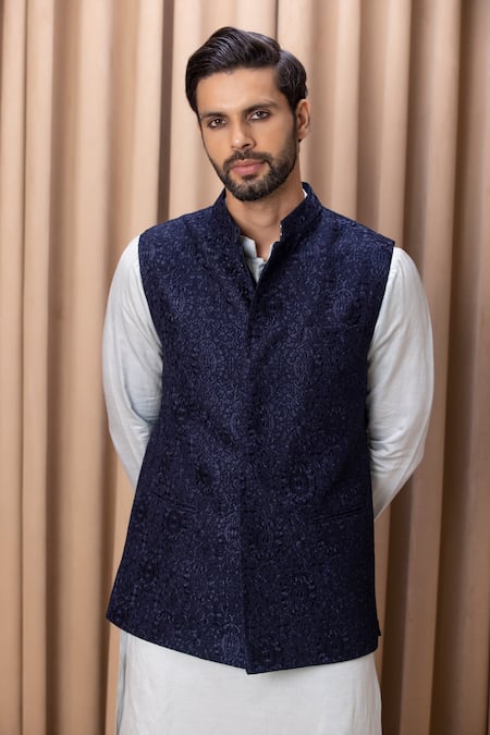 Buy Ankit V Kapoor Blue Georgette, Cotton, Silk Embroidery Navy Bundi Kurta Set Online at Aza Fashions Buy_Ankit V Kapoor_Blue Georgette, Cotton, Silk Embroidery Navy Bundi Kurta Set _Online_at_Aza_Fashions