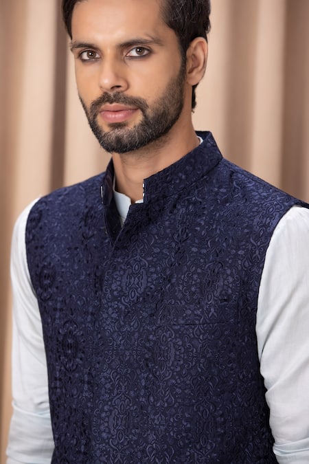 Shop Ankit V Kapoor Blue Georgette, Cotton, Silk Embroidery Navy Bundi Kurta Set Online at Aza Fashions Shop_Ankit V Kapoor_Blue Georgette, Cotton, Silk Embroidery Navy Bundi Kurta Set _Online_at_Aza_Fashions