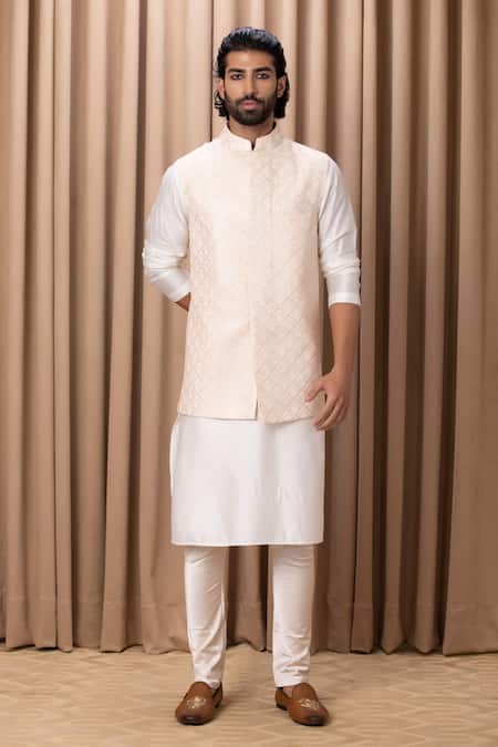 Ankit V Kapoor_Peach Cotton, Silk, Georgette Sequins, Embroidery Nehru Jacket Set _Online_at_Aza_Fashions
