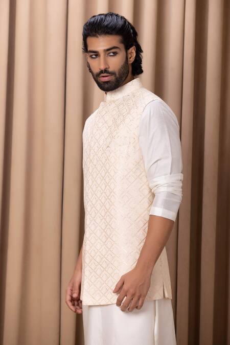 Buy_Ankit V Kapoor_Peach Cotton, Silk, Georgette Sequins, Embroidery Nehru Jacket Set _Online_at_Aza_Fashions