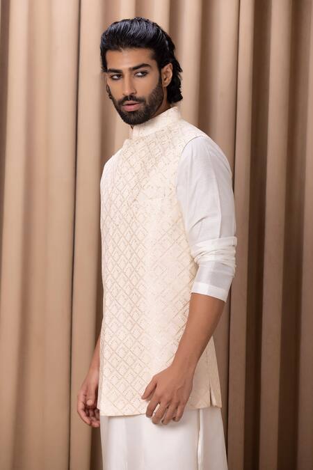Shop Ankit V Kapoor Peach Georgette, Twill Embroidery, Sequins Thread And Nehru Jacket Online at Aza Fashions Shop_Ankit V Kapoor_Peach Georgette, Twill Embroidery, Sequins Thread And Nehru Jacket _Online_at_Aza_Fashions