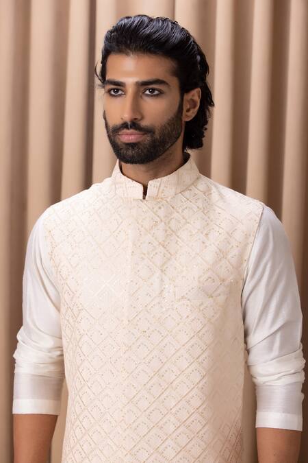 Shop_Ankit V Kapoor_Peach Cotton, Silk, Georgette Sequins, Embroidery Nehru Jacket Set _Online_at_Aza_Fashions