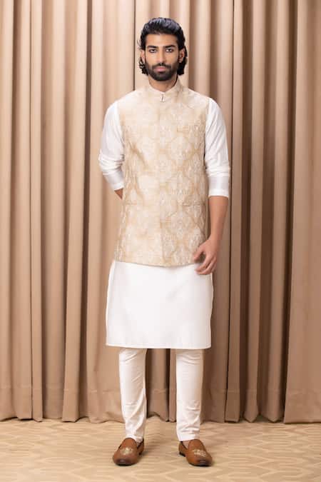 Ankit V Kapoor Beige Cotton, Silk Embroidery Bundi Kurta Set Online at Aza Fashions Ankit V Kapoor_Beige Cotton, Silk Embroidery Bundi Kurta Set _Online_at_Aza_Fashions
