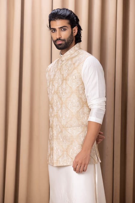 Buy Ankit V Kapoor Beige Cotton, Silk Embroidery Bundi Kurta Set Online at Aza Fashions Buy_Ankit V Kapoor_Beige Cotton, Silk Embroidery Bundi Kurta Set _Online_at_Aza_Fashions
