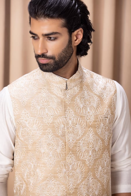 Shop Ankit V Kapoor Beige Cotton, Silk Embroidery Bundi Kurta Set Online at Aza Fashions Shop_Ankit V Kapoor_Beige Cotton, Silk Embroidery Bundi Kurta Set _Online_at_Aza_Fashions
