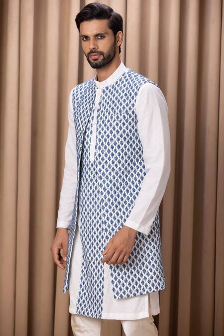Buy_Ankit V Kapoor_Blue Cotton, Silk Embroidery Floral Nehru Jacket Kurta Set _Online_at_Aza_Fashions