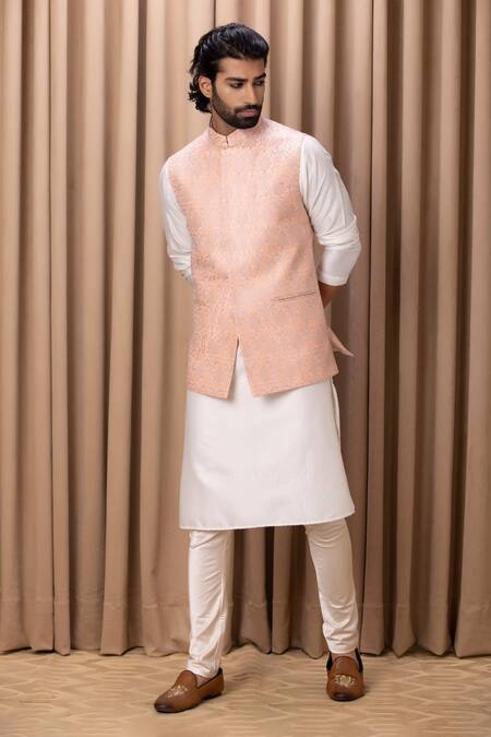 Ankit V Kapoor_Peach Cotton, Silk Embroidery Nehru Jacket Set _Online_at_Aza_Fashions