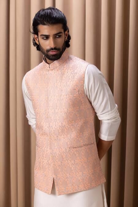 Buy_Ankit V Kapoor_Peach Cotton, Silk Embroidery Nehru Jacket Set _Online_at_Aza_Fashions
